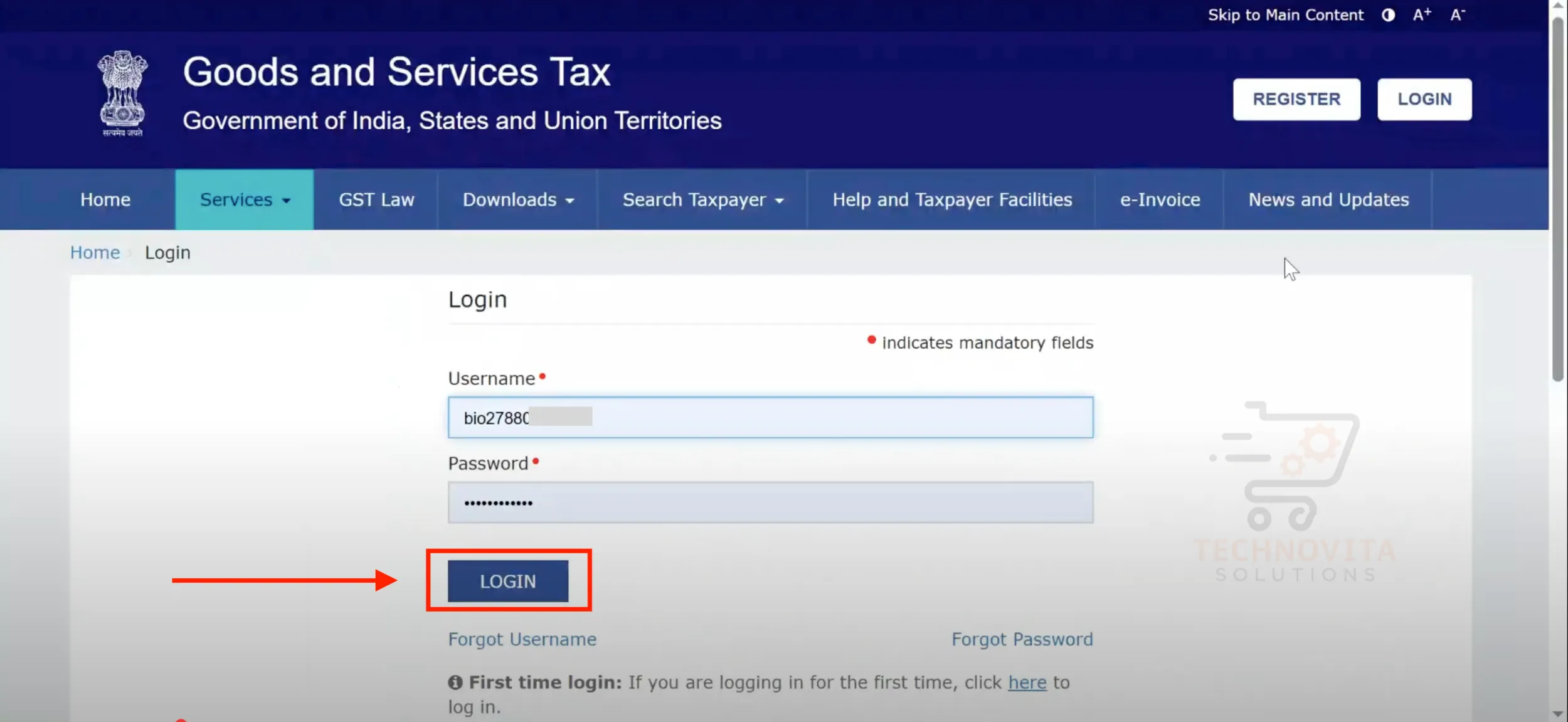 GST Portal Login Page