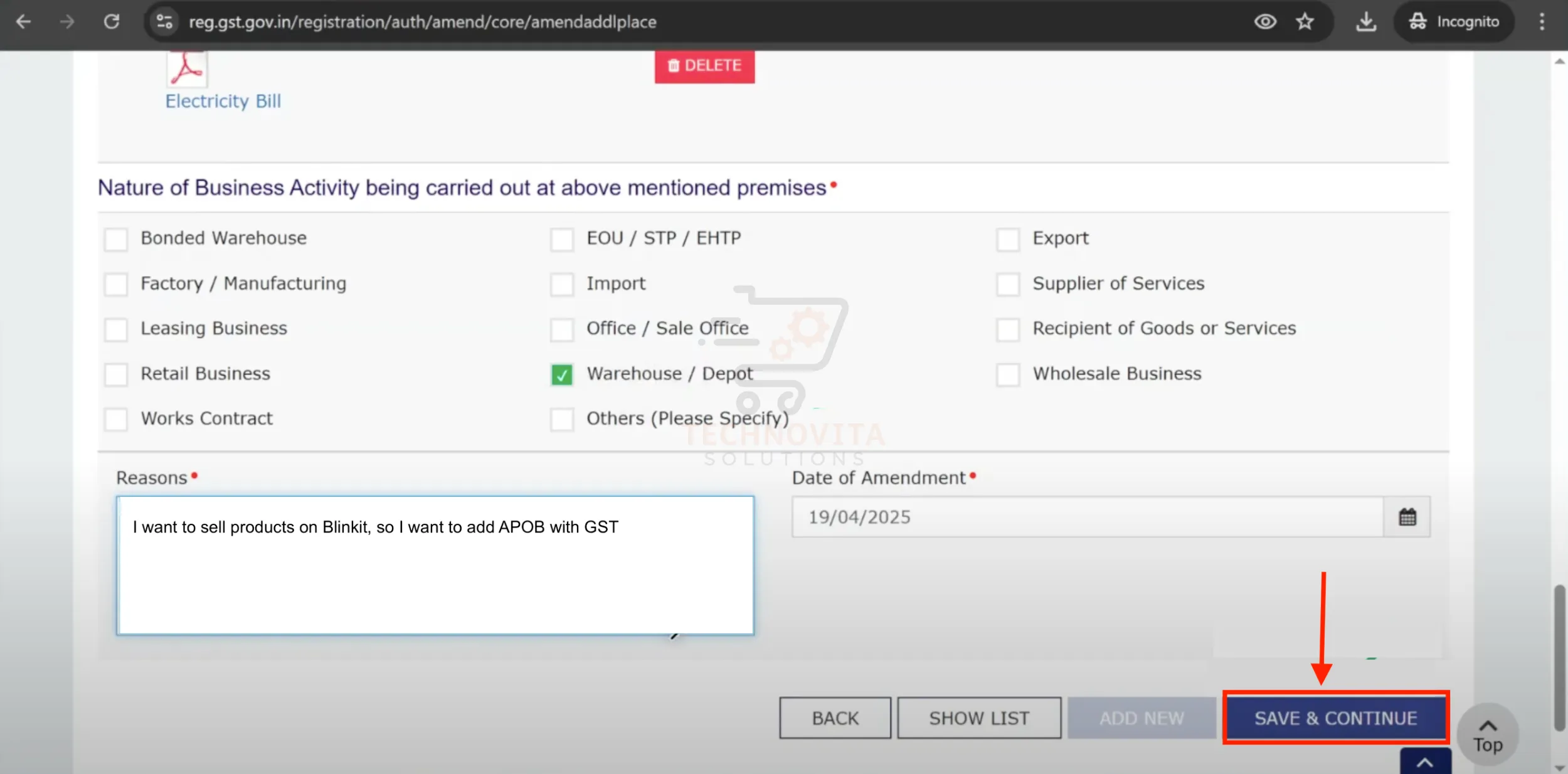 Choose Nature of Business Activity and Submit