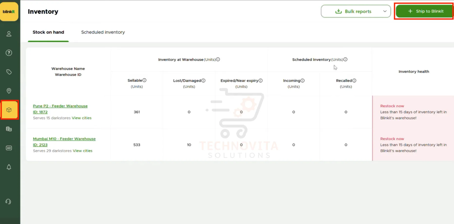 Navigating to Inventory in Blinkit Seller Dashboard