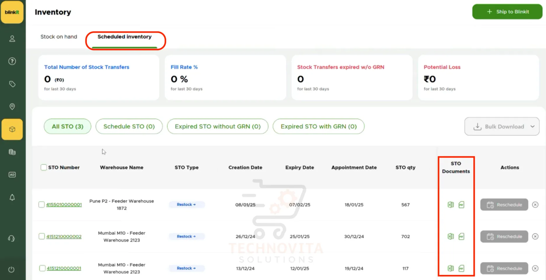 Downloading STO document for Blinkit dispatch
