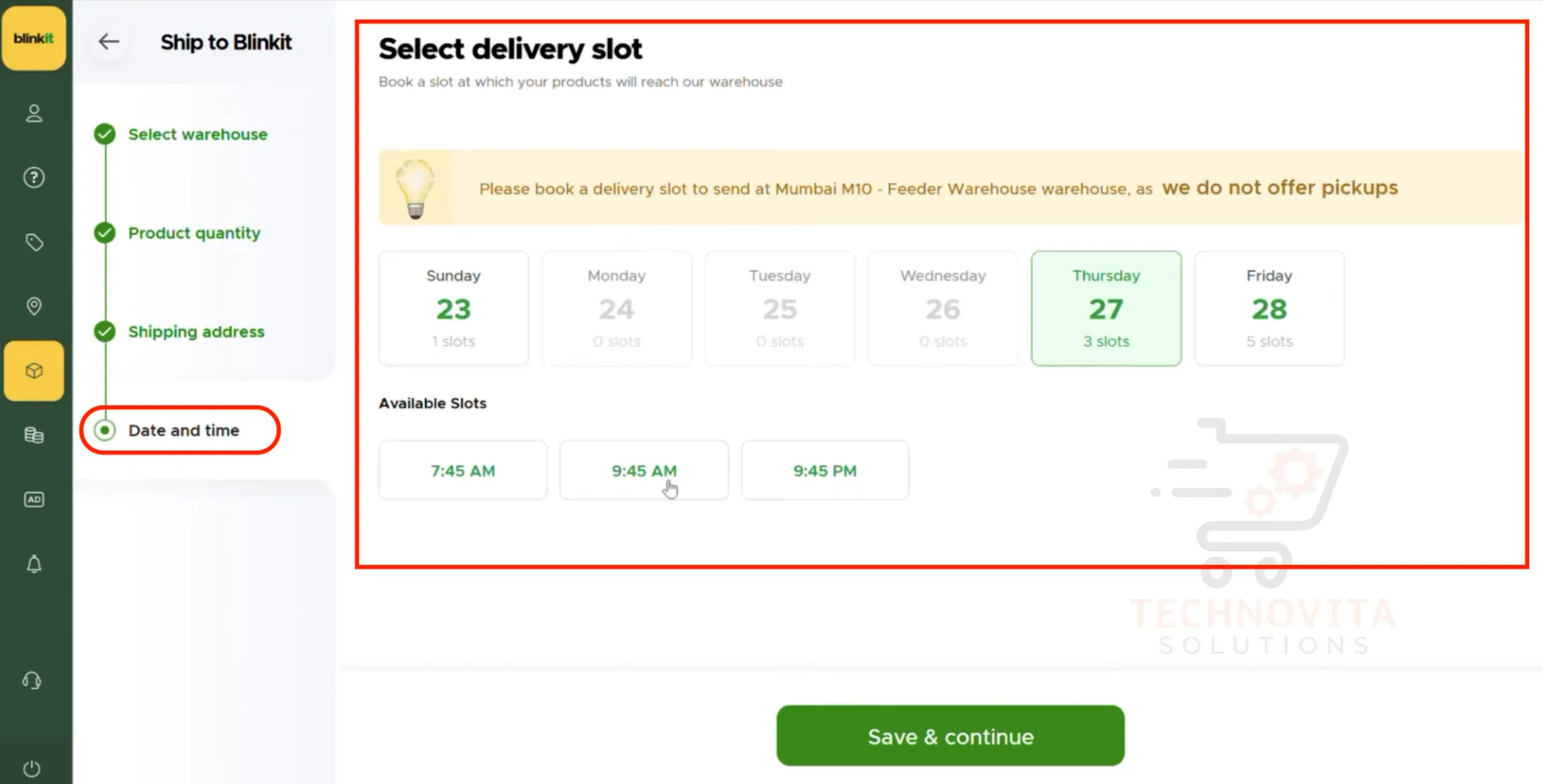Selecting delivery date and time slot in Blinkit dashboard