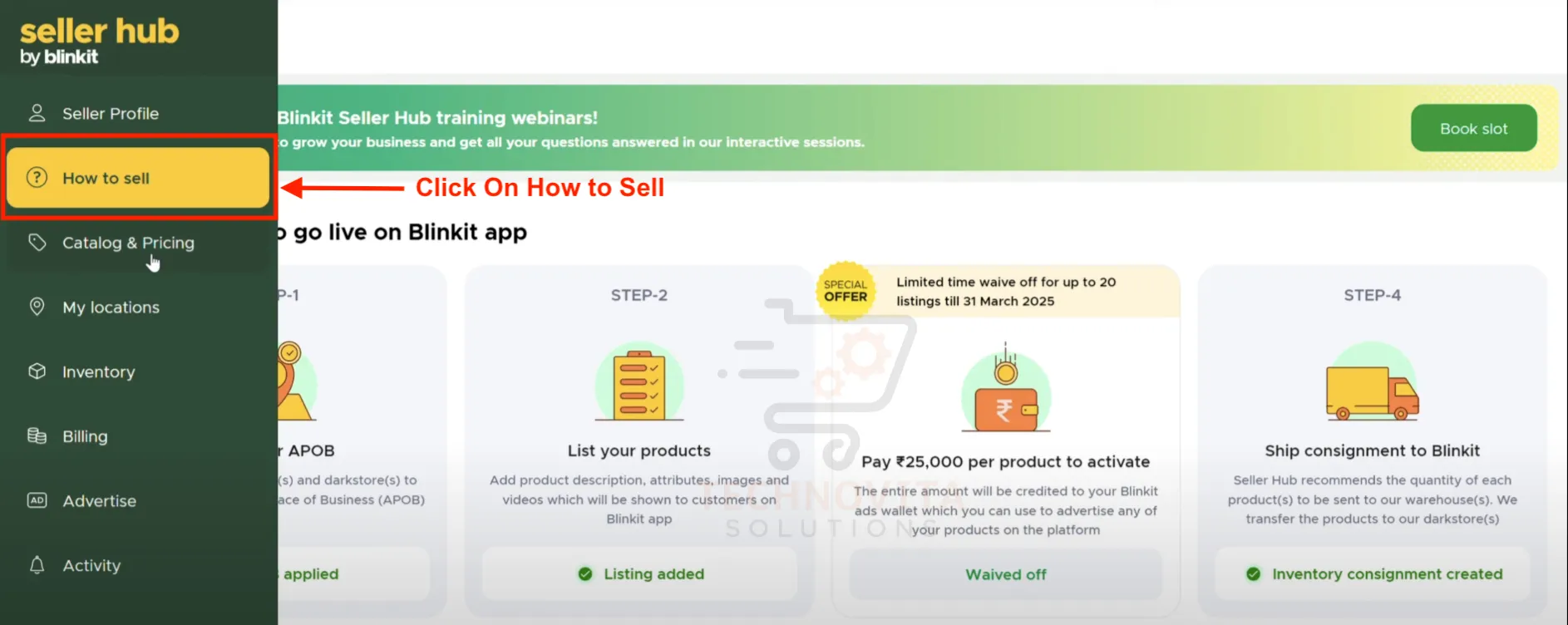 How to Sell Section on Blinkit Dashboard