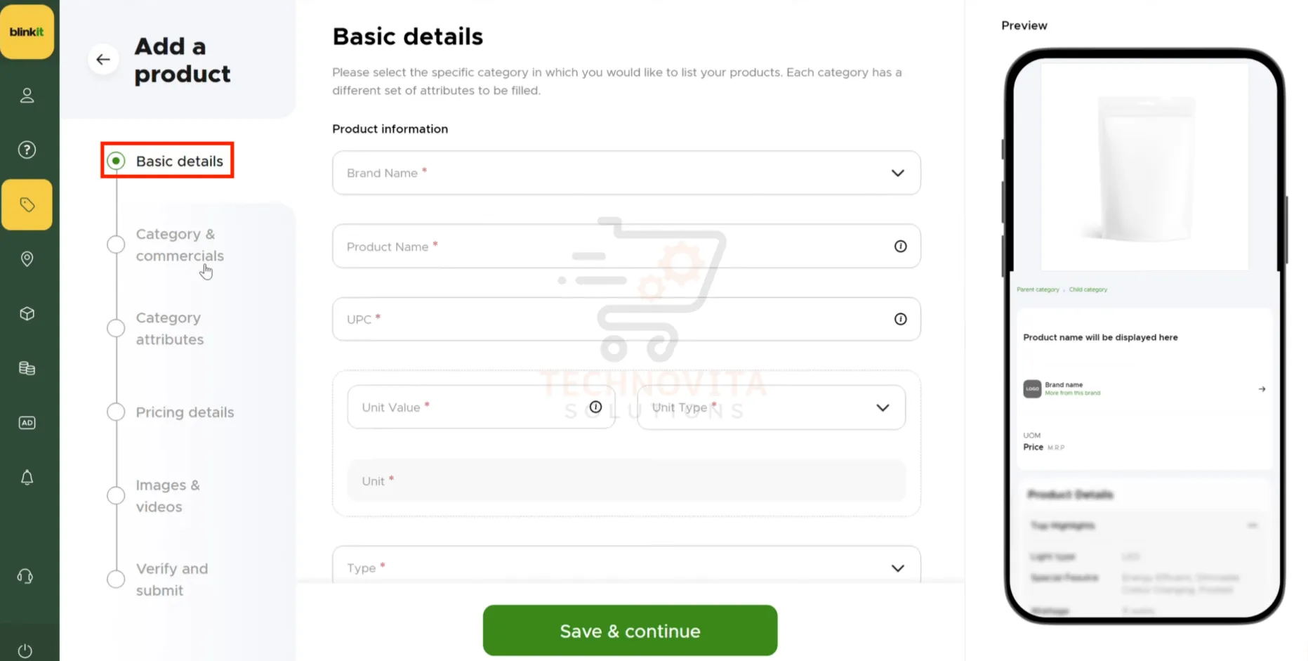 Filling Product Basic Details on Blinkit