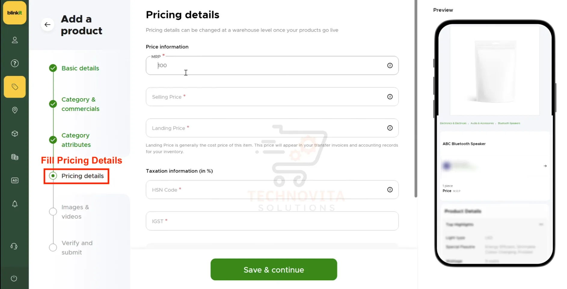 Adding Pricing and Tax Information on Blinkit