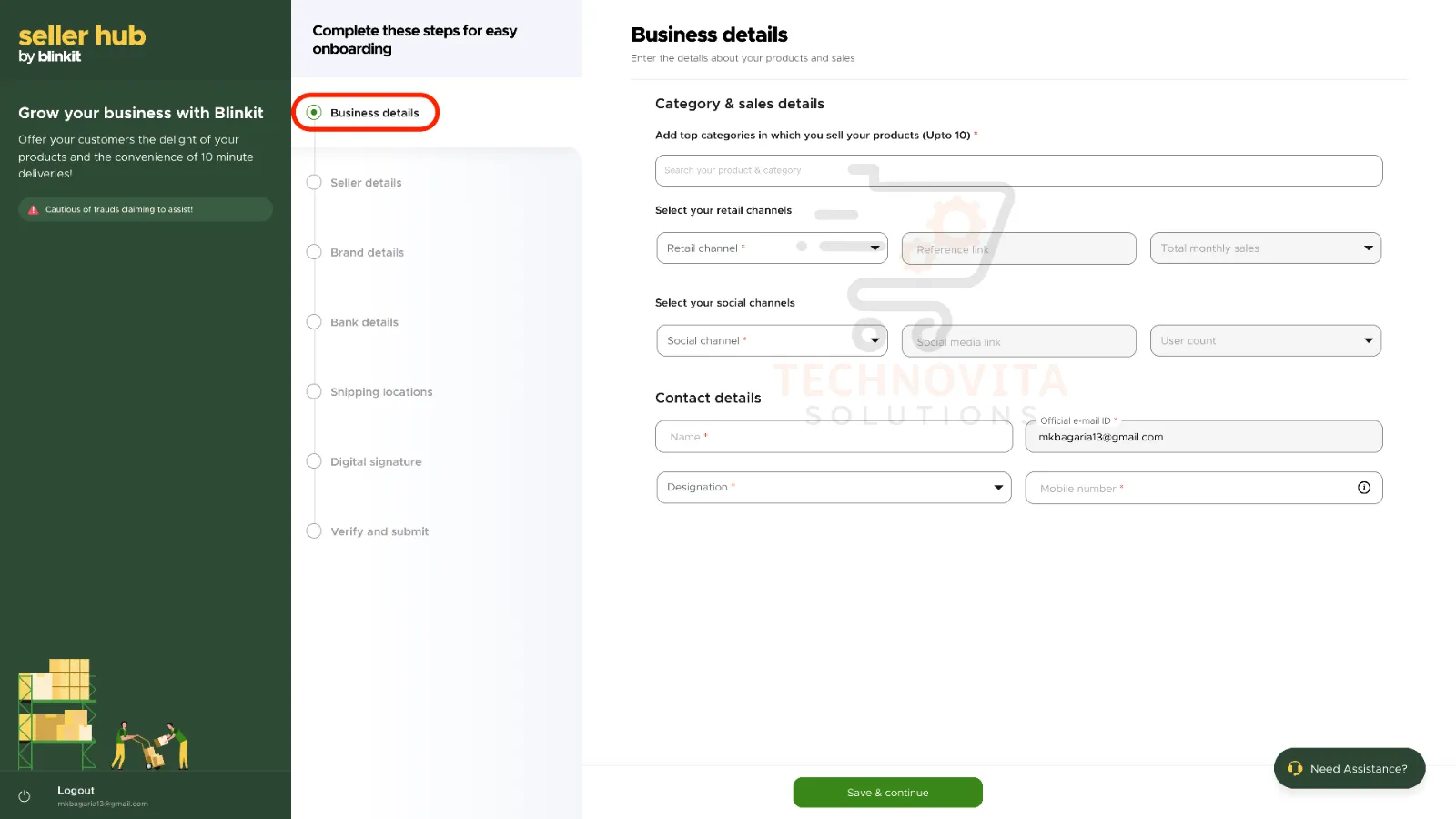 Fill Business Details for Blinkit